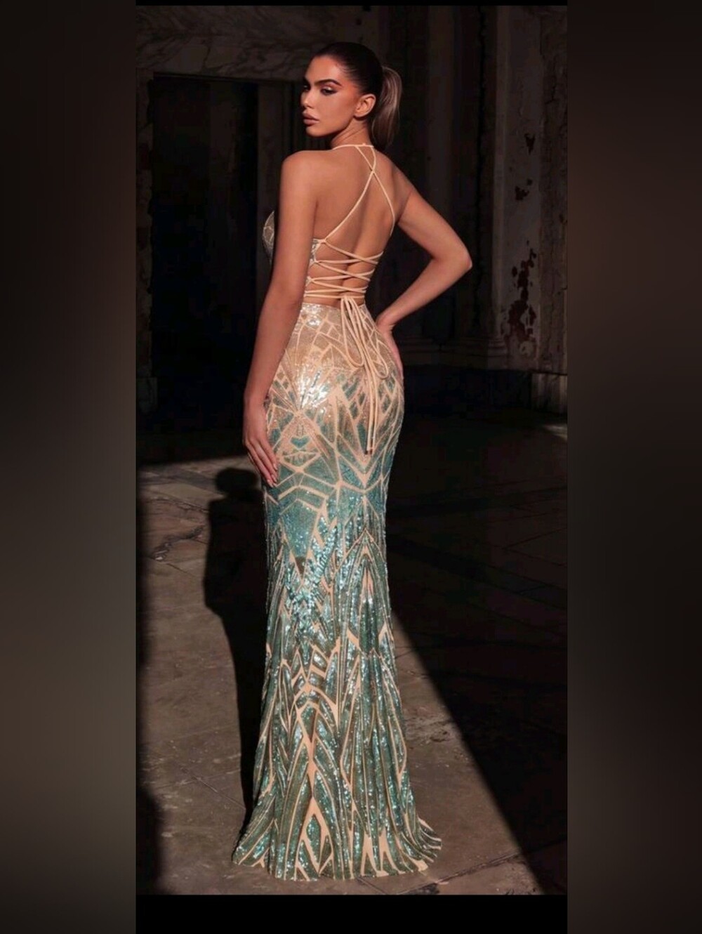 Silver & Teal Sequin Strapless Dress Party